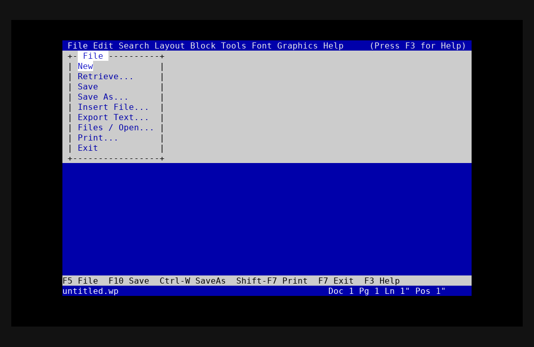 Word Unperfect default blank editor with the File menu active